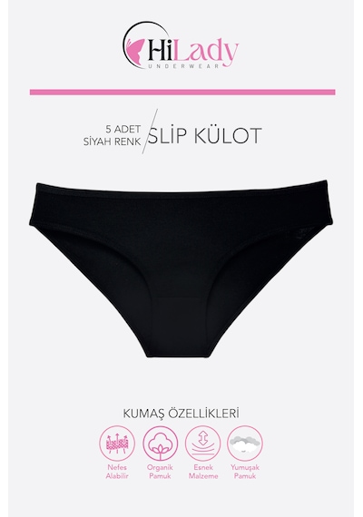 Kadın Külot, 5li Paket Karışık Renkli Slip Külot Rahat Pamuklu Yumuşak Kumaş Siyah