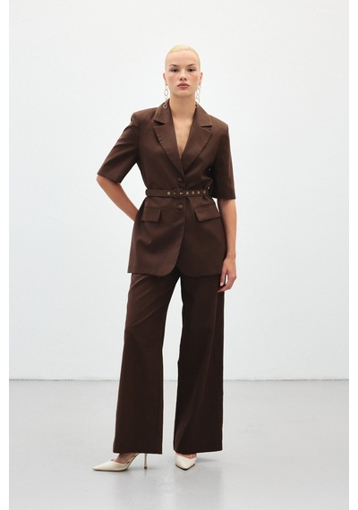 Sateen Bol Paça Keten Pantolon - Kahve-136410 Kahve