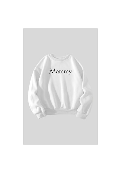 Caxis Kadın Mommy Baskılı Hamile Oversize, Doğum, Anne Hediyelik Ürün Bisiklet Yaka Sweatshirt Beyaz