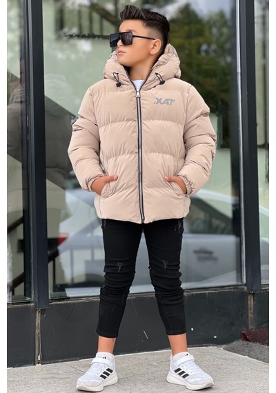 Pina Kids Erkek Çocuk Kapüşonlu Baskılı Reflöktör Detaylı Nova Kumaş Kışlık Şişme Mont Km4017 Bej