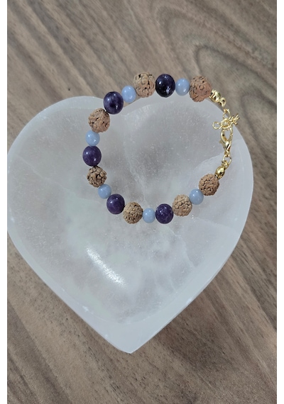 8 Mm Rudrashka, Lepidolit, 6 Mm Anjelit Doğal Taş Bileklik Çok Renkli