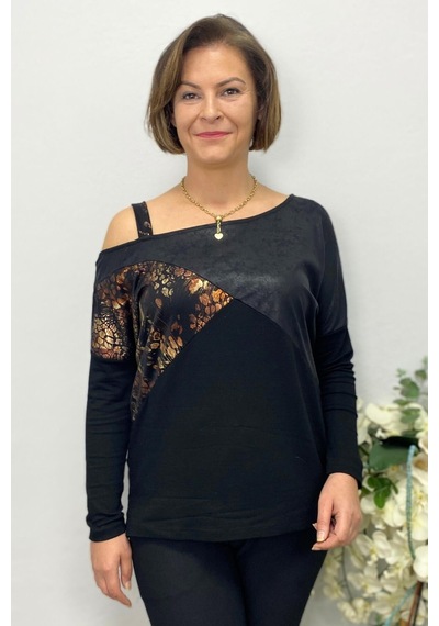 Mia Butik Büyük Beden Kahve Tek Omuz Leopar Detaylı Bluz-1583 Gri