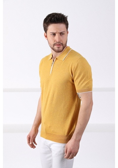 Ferraro K.Sarı Yaka Şerit Fermuarlı Erkek Pamuk Triko T-Shirt-Sarı