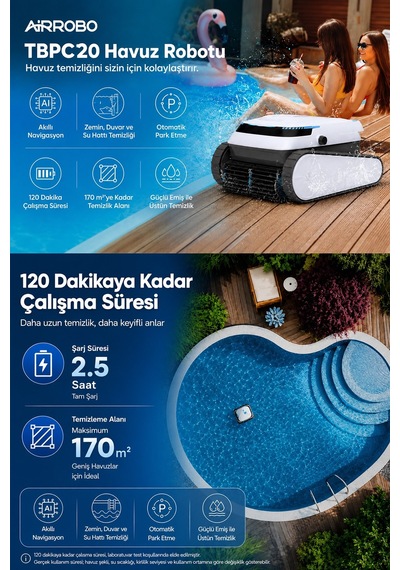 Tbpc20 Kablosuz Akülü Havuz Temizleme Robotu Zemin, Duvar, Su Hattı
