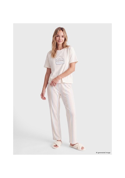 Lcw Young Ekru Bisiklet Yaka Baskılı Kadın Pijama Takım