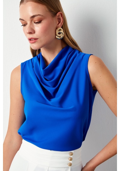 Sateen Degaje Yaka Kolsuz Bluz - Saks Mavisi