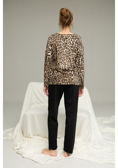 Siyah İnci Örme Pamuklu Pijama Takım25240238 Leopar