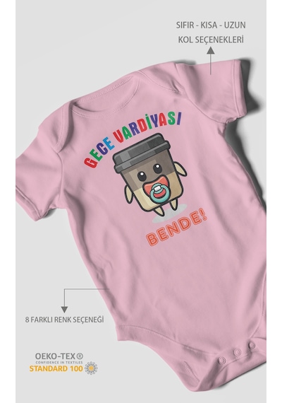 Gece Vardiyası Bende Baskılı Bebek Zıbını Çıtçıtlı Body %100 Pamuk Kısa Kol Koyu Pembe