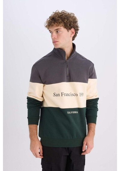 DeFacto Relax Fit Dik Yaka Fermuarlı Baskılı Kalın Sweatshirt D2562AX24AUAR63