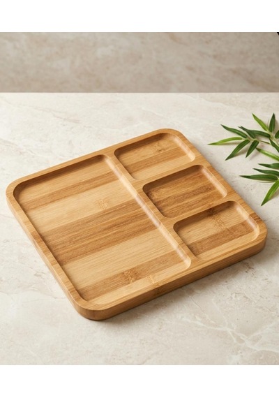4 Bölmeli Bambu Kare Sunum Tabağı Kahvaltı Tabağı 28 Cm 28x28