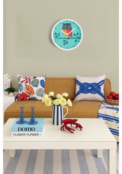 Baykuş İllüstrasyon Modern Duvar Saati - 30cm - Önü Camlı Beyaz Kasa - Sessiz Mekanizma Beyaz