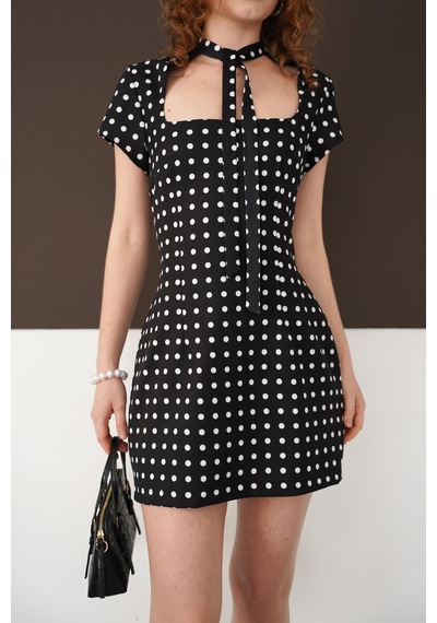 Verymoda Puantiyeli Saten Elbise D2978 Siyah