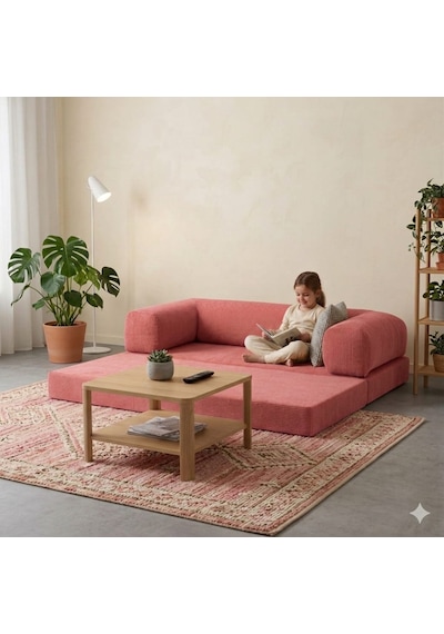 Herev 160x80 Sünger Koltuk İki Kişilik Kanepe Yataklı Yıkanabilir Kadife Kumaşlı Pembe