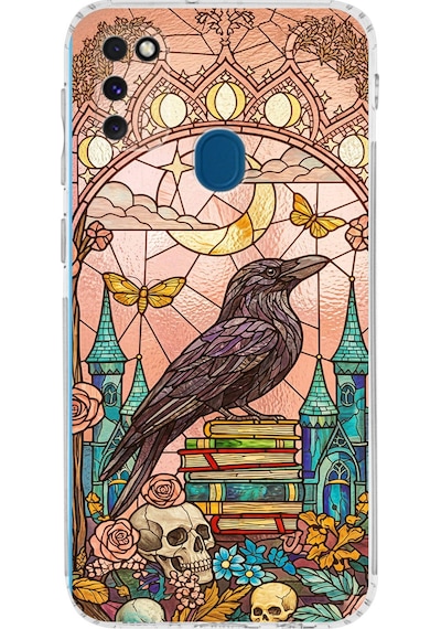 Printify Samsung Galaxy M30s İle Uyumlu Vitray Bilge Kuzgun Tasarımlı Şeffaf Silikon Kılıf Şeffaf