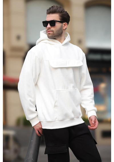 Madmext Ekru Kapüşonlu Kapaklı Cep Detaylı Polar Erkek Sweatshirt 7097 Ekru