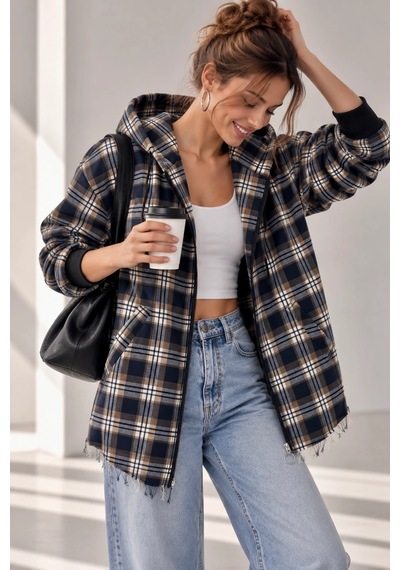 Bb Butik Basic Kapüşonlu Fermuarlı Oversize Ekose Oduncu Gömlek Ceket Kadın Rahat Mevsimlik Günlük Tr0935 Lacivert