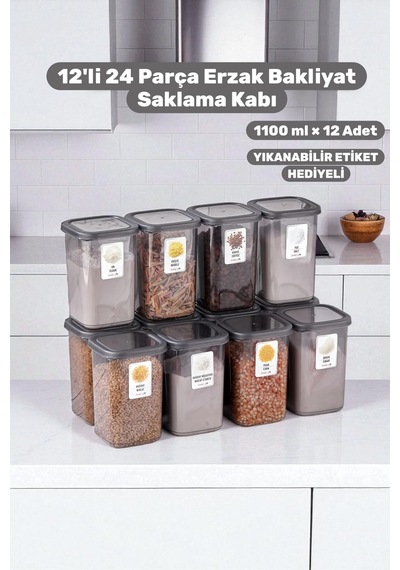 12 Adet 1.1 Lt Bakliyat Saklama Kabı Seti-hava Geçirmez Kapaklı-çok Amaçlı Mutfak Kiler Düzenleyici Gri - 749359671 Gri