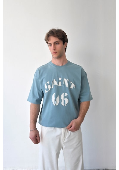 Flaw Saint Nakışlı Oversize Tişört-29519 Mavi