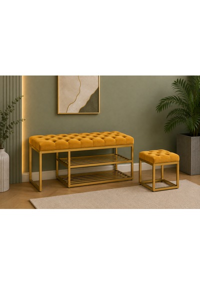 Gold Metal Bench Ayakkabılık Bank, Kapı Girişi Puf Ayakkabılık Sarı