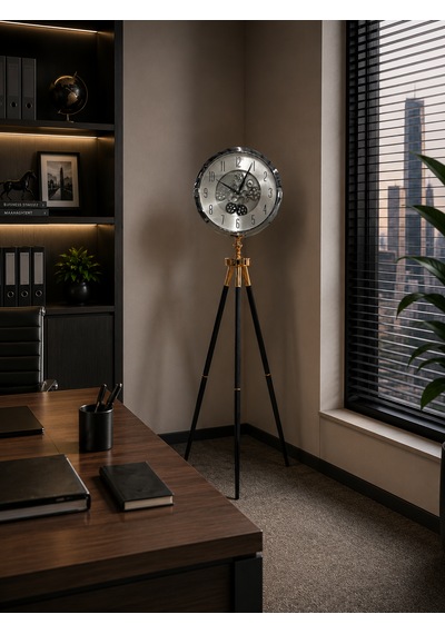 Krom Metal Ayaklı Dekoratif Salon Saati 110 Cm 40 Cm Çaplı Tripod Tasarımlı Retro Lüks Yer Saati
