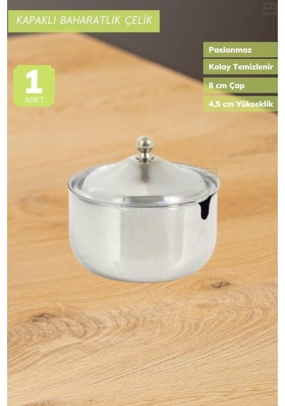 Tekli Baharat Saklama Kabı Kapaklı Baharatlık Paslanmaz Çelik 8 Cm Metalik Gri