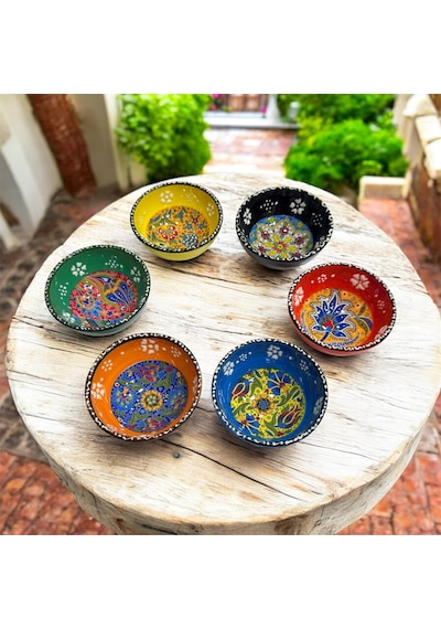 Seramik Çerezlik Sosluk Kahvaltılık Sunumluk Kase El Yapımı Hand Made - Kabartma Çiçek Desenli Çok Renkli