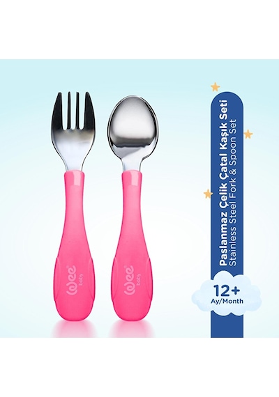 Paslanmz Çelik Çatal Kaşık Seti Pembe 3 Adet