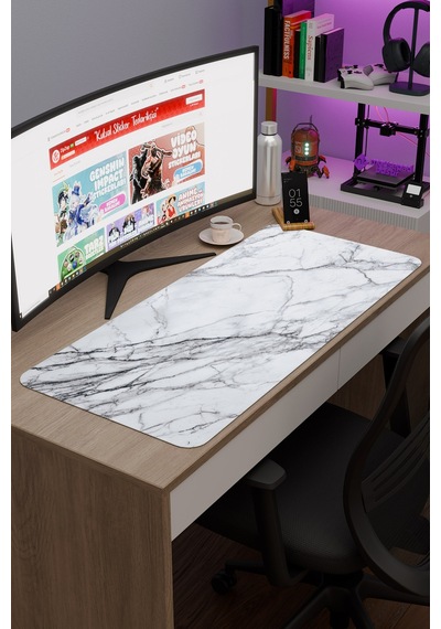 Beyaz Mermer Kaymaz Dikişli Kauçuk Oyuncu Mousepad V3 - 90x40 Xxl Gaming Mouse Pad Fare Altlığı