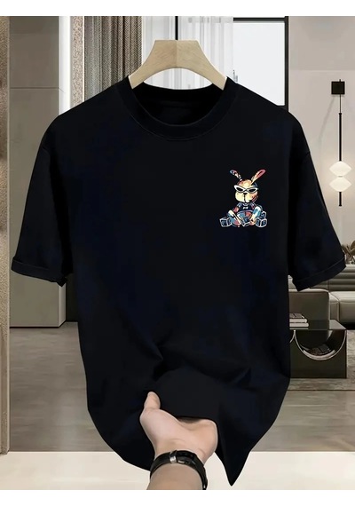 Barlashive Erkek T-shirt Tavşan Baskılı Kısa Kollu Tişört - Siyah Çok Renkli