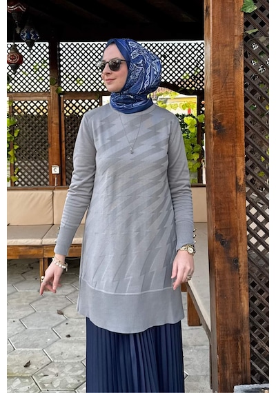 Rabia Şamlı Bilge Triko Tunik Gri Çok Renkli