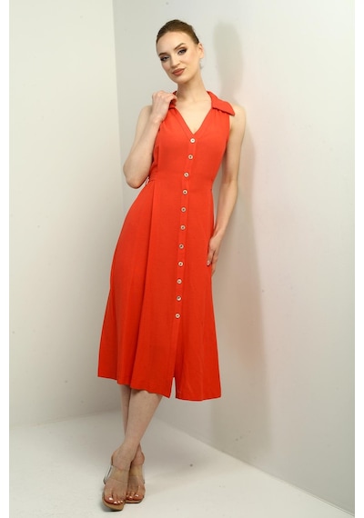 By Saygı Kadın Polo Yaka Ön Pile Düğme Detaylı Midi Keten Elbise-40645 Mercan