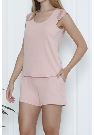 Nicoletta Kadın Şortlu Pijama Takımı Dantelli Sıfır Kol Likrali Cepli Kaşkorse Somon