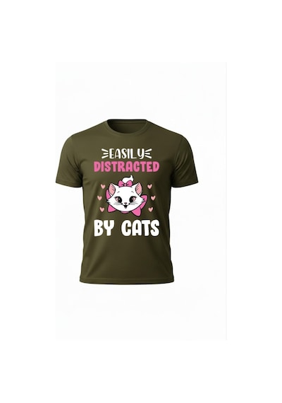 Urbantrendstore Kedili Tişört Kedi Baskılı Yarım Oversize Pamuklu Biskilet Ve Yuvarlak Yaka Tişört Tshirt Haki