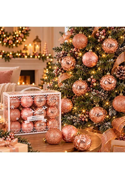 Bakgelal 24 Parça Lüks Rose Gold Yılbaşı Ağaç Süsü Seti - 6 Cm Dört Farklı Tasarımlı Rose Gold Çam Ağacı Topu Seti - 9066633858525 Diğer