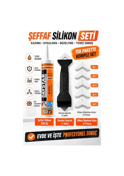 Şeffaf Silikon 290 Gr + 5 Başlıklı Silikon Kazıma Ve Derz Düzeltme Aparatı Seti