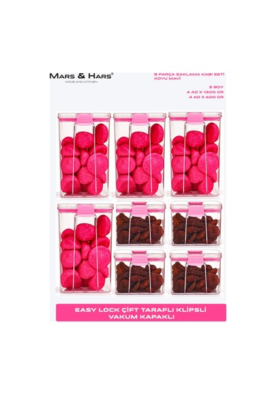 8'li Sızdırmaz, Çift Kilit Klipsli, Vakum Kapaklı, Erzak, Baharat Saklama Kabı 4 Orta +4 Küçük Pembe