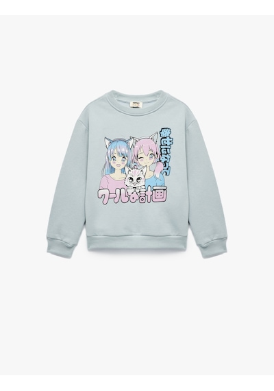 Koton Uzun Kollu Bisiklet Yaka Şardonlu Baskılı Sweatshirt Mavi 6wkg10067ak Mavi