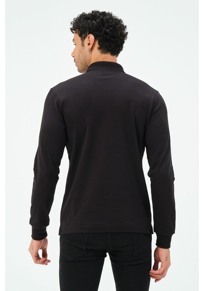Fermuarlı Uzun Kollu Regular Fit Erkek Polo Yaka T-shirt Siyah
