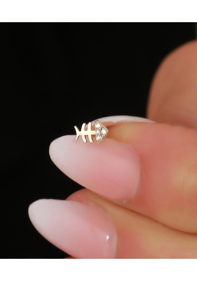 14 Ayar Altın Taşlı Balık Tragus Piercing Sarı Altın