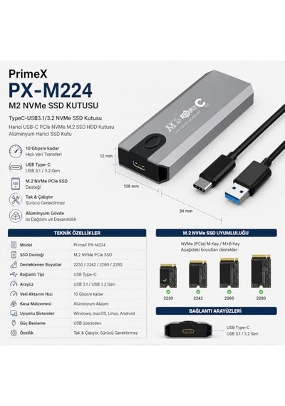 Px-m224 M.2 Nvme Ssd Kutusu, Type-c Usb 3.1/3.2 Harici Ssd Kutu, Pcıe Nvme M.2 Ssd Uyumlu Alüminyum Taşınabilir Disk