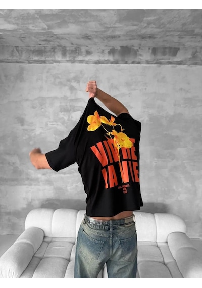 Yake Store Ön Ve Arka Baskılı Oversize Bisiklet Yaka T-shirt- Siyah - Siyah