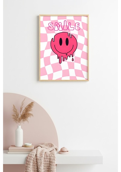 Doğal Ahşap Çerçeveli Retro Tablo - Pembe Smiley Pop Art Canlı Duvar Sanatı Huhu2329