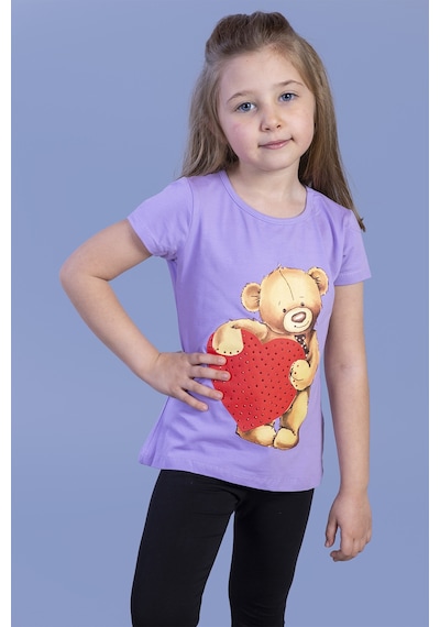 Toontoy Kids Toontoy Kız Çocuk Kalpli Ayıcık Baskılı Taş İşlemeli Tişört Lila