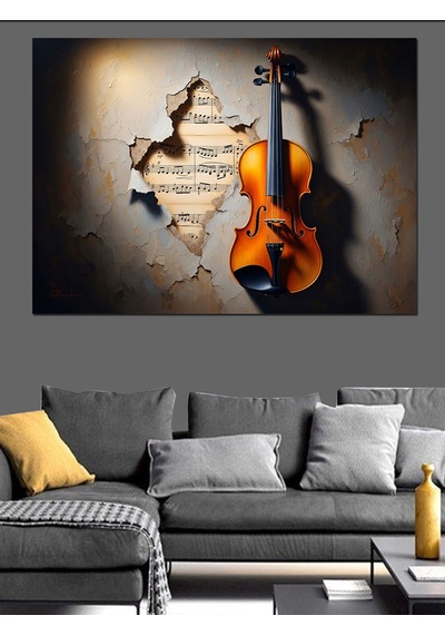 Duvar İçinde Keman Sanat Tablosu Dekoratif Kanvas - Mdf Ahşap Tablo