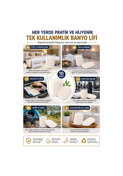 10 Adet Tek Kullanımlık Banyo Lifi 10x15 Cm Hijyenik El Geçirmeli Duş, Spa, Otel Ve Seyahat Lifi