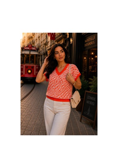 Hira Life Fashion Sfg Life Moda Kadın V Yaka Kare Desenli Şık Süveter Turuncu Turuncu