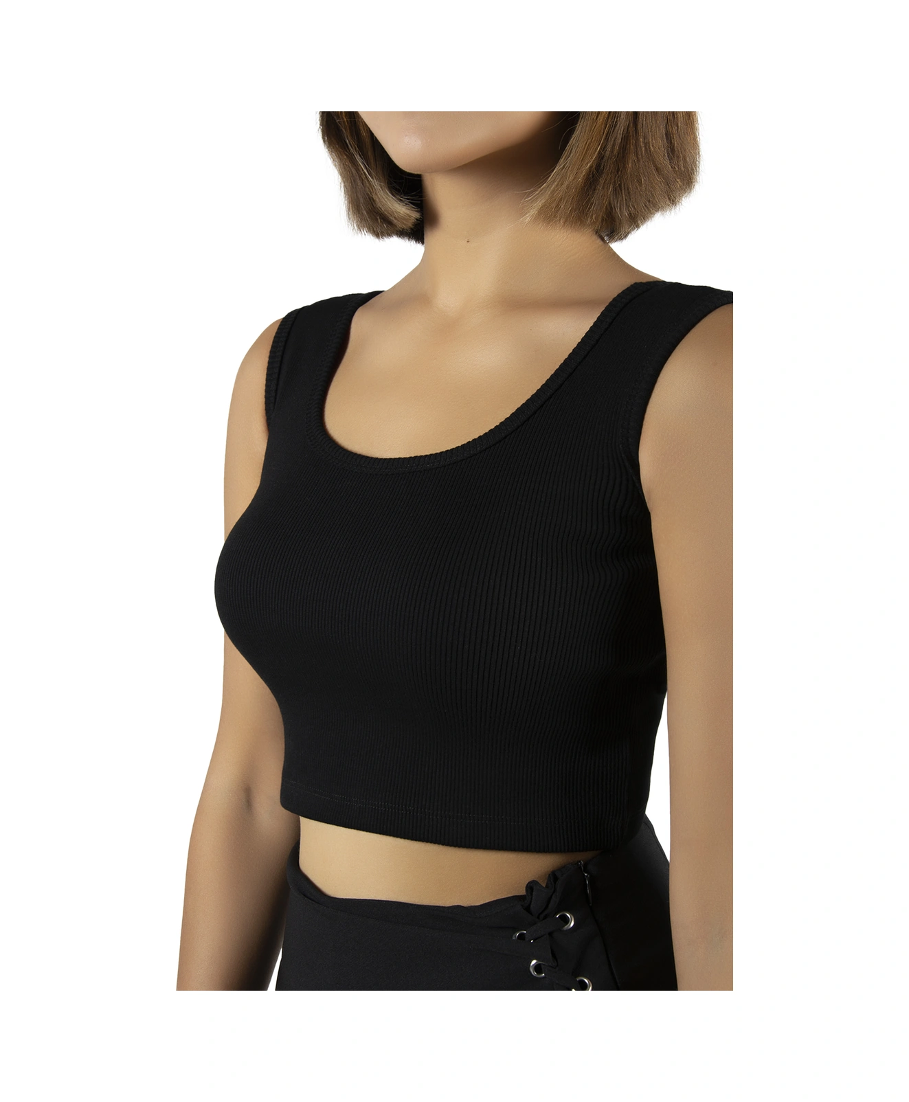 Veaven Siyah Geniş Askılı Fitted/vücuda Oturan Fitilli Crop Top Atlet Siyah