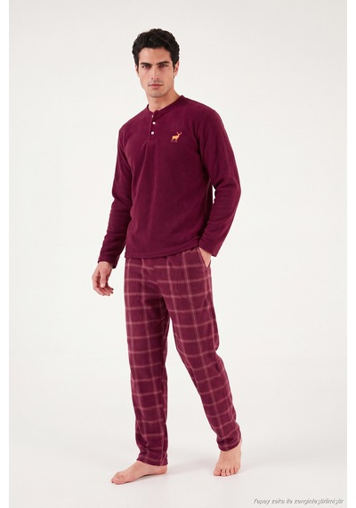 Buratti Ekoseli Düğmeli Bisiklet Yaka Yumuşak Polar Pijama Takımı Erkek Pijama Takımı 6097019 Bordo