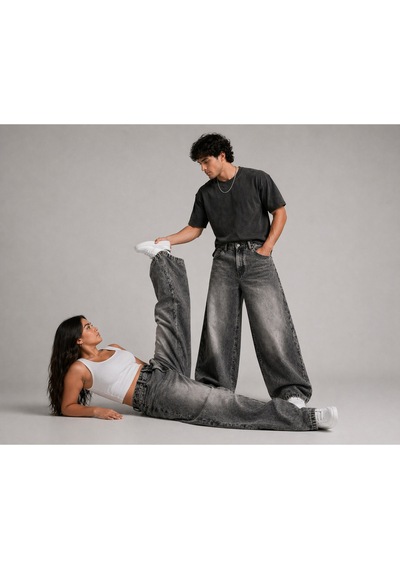 St.poll Eskitme Füme Yıkamalı Unisex Büyük Beden Baggy Jean Pantolon