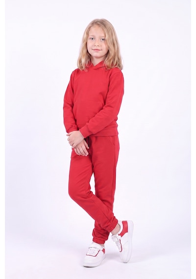 Fyk Kids Kız Çocuk Düz Kanguru Cepli Kapüşonlu Eşofman Takımı Kırmızı